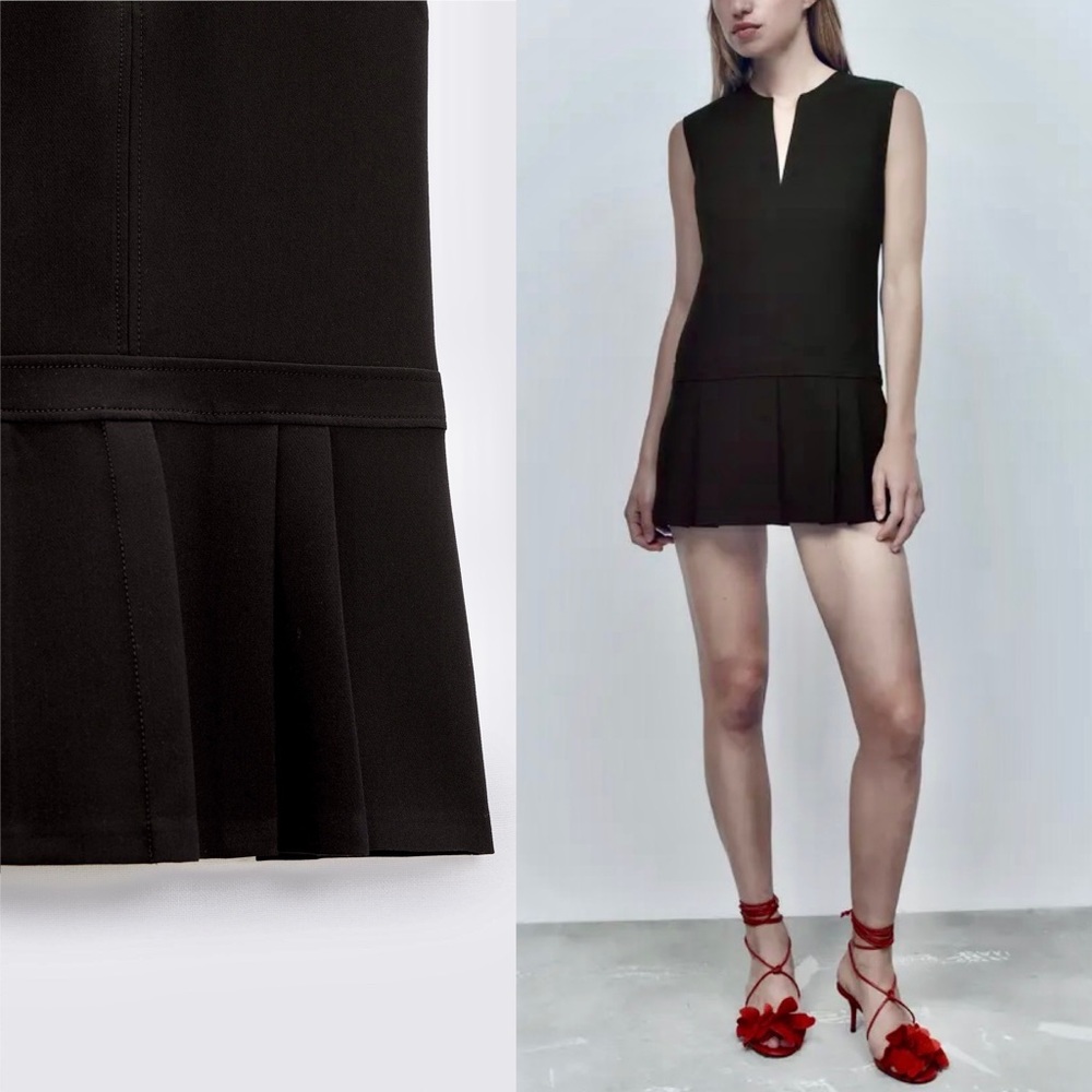 Zara NWOT pleated hem black mini dress, v-neck sleeveless black summer dress